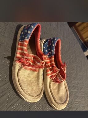 Hey Dude Slip-On Sneakers in Red & White with Blue Star Accents